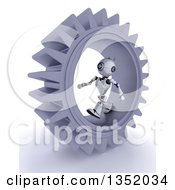 Poster, Art Print Of 3d Futuristic Robot Walking Inside A Giant Gear Cog Wheel On A Shaded White Background