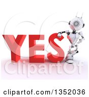 Poster, Art Print Of 3d Futuristic Robot Resting An Arm On And Presenting The Red Word Yes On A Shaded White Background