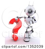Poster, Art Print Of 3d Futuristic Robot Resting An Arm On And Pointing To A Red Question Mark On A Shaded White Background