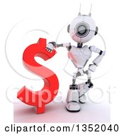 Poster, Art Print Of 3d Futuristic Robot Resting An Arm On A Red Dollar Currency Symbol On A Shaded White Background