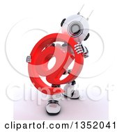 Poster, Art Print Of 3d Futuristic Robot Holding A Red Email Arobase At Symbol On A Shaded White Background