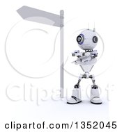 3d Futuristic Robot Pointing Different Ways Under A Directional Street Sign On A Shaded White Background