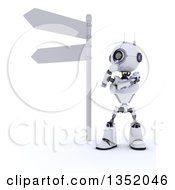 Poster, Art Print Of 3d Futuristic Robot Thinking By A Directional Street Sign On A Shaded White Background