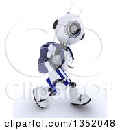 Poster, Art Print Of 3d Futuristic Robot School Student Walking On A Shaded White Background