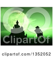 Poster, Art Print Of 3d Silhouetted Demon By A Castle Against A Green Night Sky And Full Moon