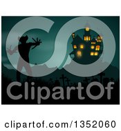 Poster, Art Print Of Silhouetted Haunted Halloween Castle Over A Demon In A Cemetery