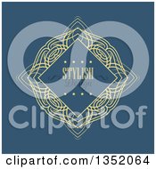 Clipart Of A Vintage Yellow Swirl Diamond Frame With Stylish Design Text And Stars Over Blue Royalty Free Vector Illustration