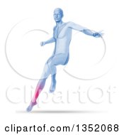 Poster, Art Print Of 3d Blue Anatomical Man Jumping And Landing With Visible Glowing Calf On Shaded White