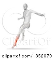 Poster, Art Print Of 3d Anatomical Man Jumping And Landing With Visible Glowing Calf Pain And Lower Skeleton On Shaded White