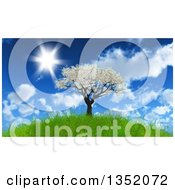 3d Apple Tree With Spring Time Blossoms On A Hill Against A Blue Sky With Clouds And Sunshine