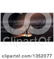 Clipart Of A 3d Silhouetted Alien Being Reaching Out On A Hill Top With Bare Trees Against A Full Moon Royalty Free Illustration