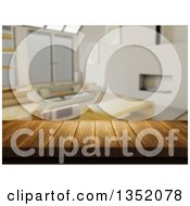3d Close Up Of A Wooden Table And A Blurred Modern Living Room