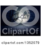 Clipart Of A 3d Full Moon And Bare Trees Over The Ocean And Deck Royalty Free Illustration by KJ Pargeter