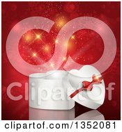 Poster, Art Print Of 3d White Heart Shaped Valentines Day Christmas Or Anniversary Gift Box Over Gold Sparkles And Snowflakes On Red