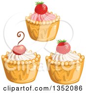 Poster, Art Print Of Cupcakes Or Tarts With Frosting Strawberries And A Cherry