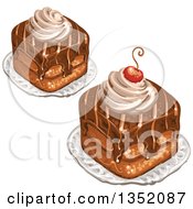 Poster, Art Print Of Square Chocolate Cakes Topped With A Cherry And Cream