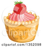 Poster, Art Print Of Cupcake Or Tart With Pink Frosting And A Strawberry