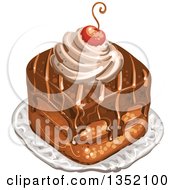Poster, Art Print Of Square Chocolate Cake Topped With A Cherry And Cream