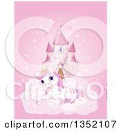 Poster, Art Print Of Pink Fairy Tale Castle In The Sky With A Cute Resting Princess Pony