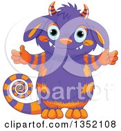 Poster, Art Print Of Cute Welcoming Purple And Orange Monster With A Curly Tail