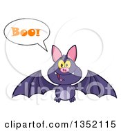 Poster, Art Print Of Cartoon Halloween Flying Purple Vampire Bat Saying Boo