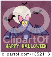 Poster, Art Print Of Cartoon Flying Purple Vampire Bat Over Happy Halloween Text And A Full Moon On Purple With Halftone