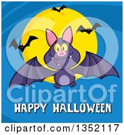 Poster, Art Print Of Cartoon Flying Purple Vampire Bat Over Happy Halloween Text And A Full Moon On Blue