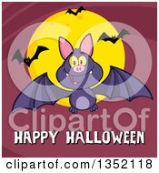 Poster, Art Print Of Cartoon Flying Purple Vampire Bat Over Happy Halloween Text And A Full Moon On Purple