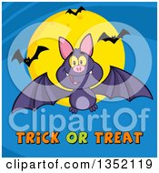 Poster, Art Print Of Cartoon Halloween Flying Purple Vampire Bat Over Trick Or Treat Text And A Full Moon On Blue