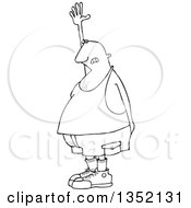 Outline Clipart Of A Cartoon Black And White Chubby Man Raising His Hand Needing To Go To The Bathroom Royalty Free Lineart Vector Illustration by djart