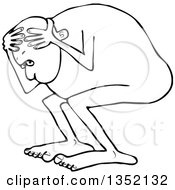 Outline Clipart Of A Cartoon Black And White Man Cowering Scared And Naked Royalty Free Lineart Vector Illustration