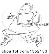 Cartoon Black And White Chubby Juvenile Deliquent Man Looting And Running With A Stolen Television