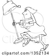 Outline Clipart Of A Cartoon Black And White White Woman Looting And Running With A Stolen Lamp Royalty Free Lineart Vector Illustration by djart