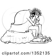 Poster, Art Print Of Cartoon Black And White Stressed Caveman Sitting On A Boulder And Resting His Head In His Hands
