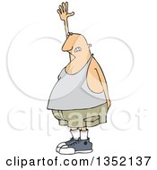 Clipart Of A Cartoon Chubby White Man Raising His Hand Needing To Go To The Bathroom Royalty Free Vector Illustration