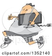 Cartoon Chubby White Juvenile Deliquent Man Looting And Running With A Stolen Television