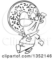 Outline Clipart Of A Cartoon Black And White Happy Worker Man Carrying A Giant Sprinkle Donut Royalty Free Lineart Vector Illustration by toonaday