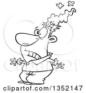 Outline Clipart Of A Cartoon Black And White Brain Blasted Man With A Smoking Head Royalty Free Lineart Vector Illustration