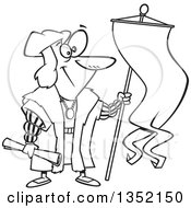 Outline Clipart Of Cartoon Black And White Christopher Columbus Holding A Scroll And Flag Royalty Free Lineart Vector Illustration by toonaday