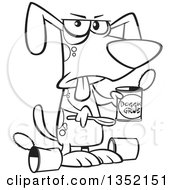 Outline Clipart Of A Cartoon Black And White Dog Eating A Gross Can Of Wet Food Royalty Free Lineart Vector Illustration