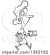 Poster, Art Print Of Cartoon Black And White Happy Woman Carrying Coffee And Donuts