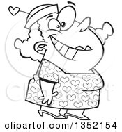 Outline Clipart Of A Cartoon Black And White Happy Chubby Lady Decked Out In A Heart Dress Royalty Free Lineart Vector Illustration