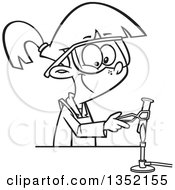Outline Clipart Of A Cartoon Black And White Girl Heating A Test Tube Over A Flame In Science Class Royalty Free Lineart Vector Illustration