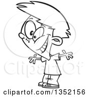 Outline Clipart Of A Cartoon Black And White Excited Boy Cheering And Grinning Royalty Free Lineart Vector Illustration