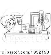 Poster, Art Print Of Cartoon Black And White African School Boy Looking At His Lab Setup In Science Class