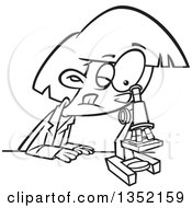 Poster, Art Print Of Cartoon Black And White Girl Looking Through A Microscope In Science Class