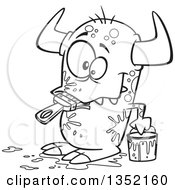 Outline Clipart Of A Cartoon Black And White Horned Monster Eating A Paintbrush Covered In Splatters Royalty Free Lineart Vector Illustration
