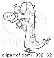 Outline Clipart Of A Cartoon Black And White Spotted Monster Talking On A Cell Phone Royalty Free Lineart Vector Illustration by toonaday