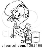 Outline Clipart Of A Cartoon Black And White African School Boy Using A Pipette To Mix Chemicals In Science Class Royalty Free Lineart Vector Illustration by toonaday