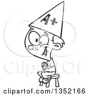 Outline Clipart Of A Cartoon Black And White Happy Smart School Boy Sitting On A Stool And Wearing An A Plus Hat Royalty Free Lineart Vector Illustration